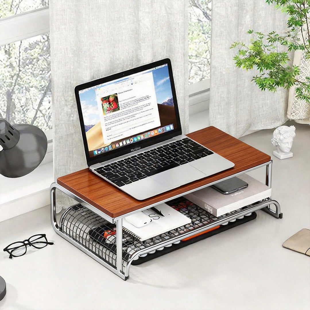 Tiered Adjustable Metal Laptop and Monitor Riser with Ventilated Slatted Shelves and Under-Storage Organizer
