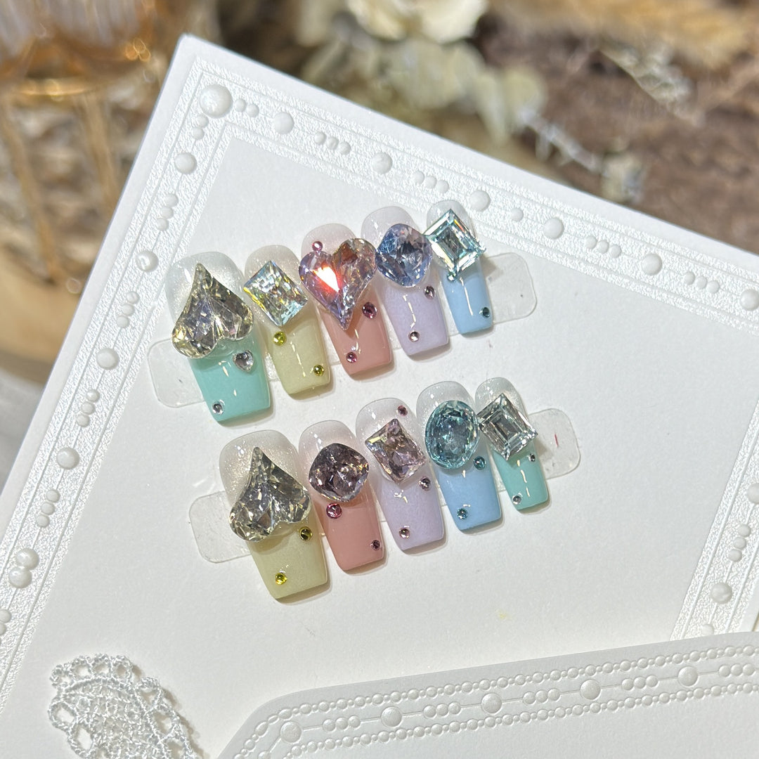 Artistic Press-On Nail Set with Gemstone Embellishments Kalsten