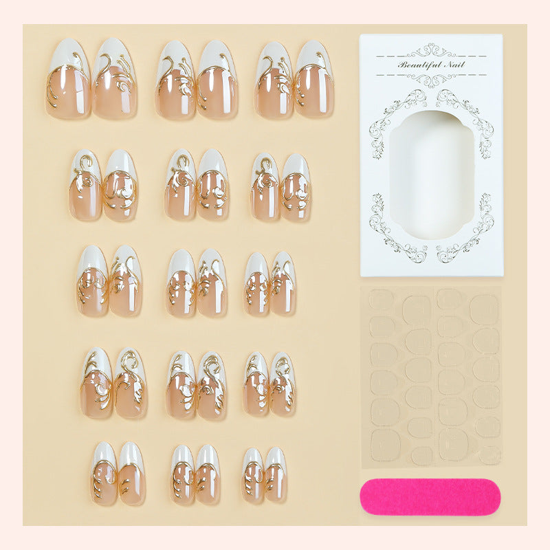 Elegant Press-On Nail Art Set with Decorative Gold Accents Kalsten
