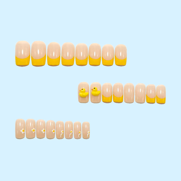 Artificial nails with playful duck design and summery color gradient Kalsten