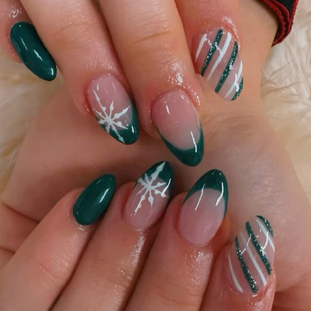 Premium Stiletto Press-On Nail Art Set with Snowflake and Striped Design Kalsten