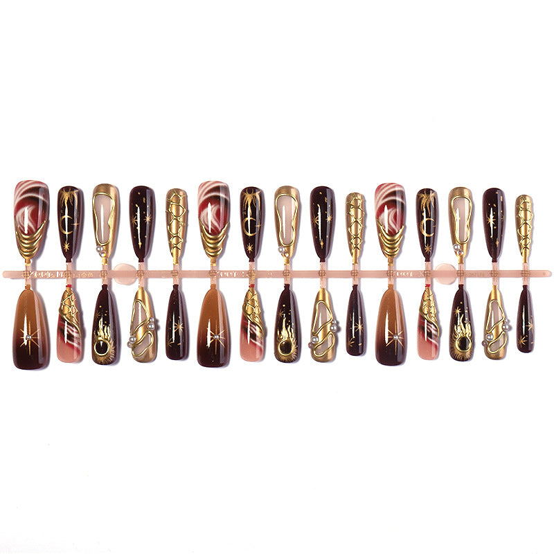 Decorative Press-On Nail Art Set with Glamorous Gold Accents kalsten