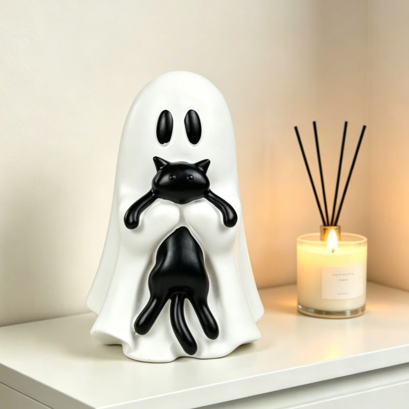Sculptural decorative figure ghost with cat relief for shelf and sideboard