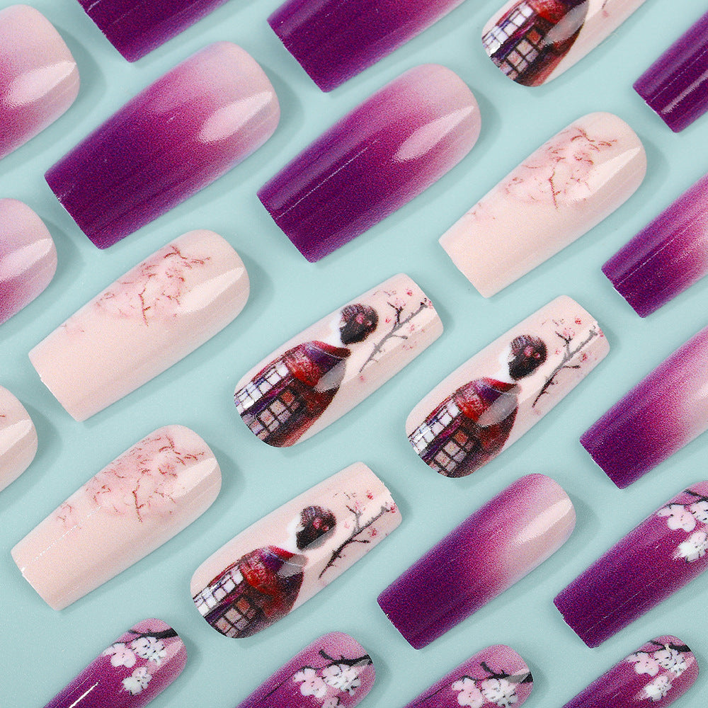 Elegant Artificial Nails Set with Ombre Design and Artistic Accents Kalsten