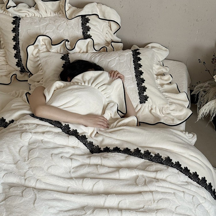 Luxurious Velvety Bedding Set with Ruffle and Floral Lace Border
