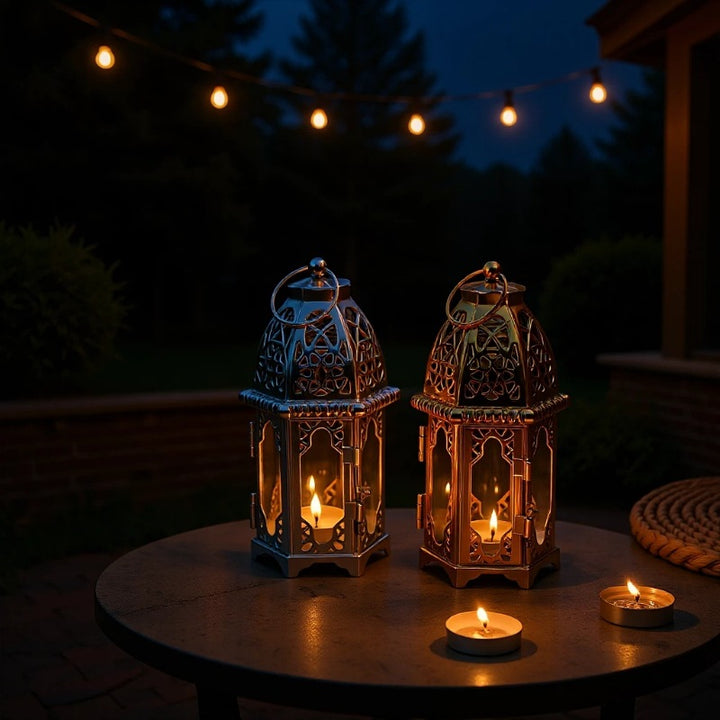 Intricate Cutwork Metal Tealight Lantern with Hinged Glass Panels Kalsten