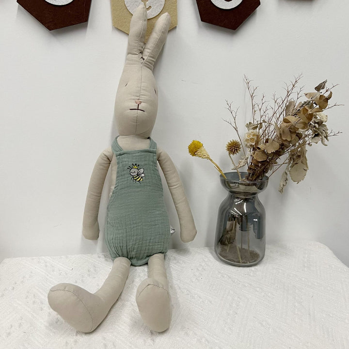 Handmade Linen Bunny Soft Cloth Doll with Embroidered Overalls