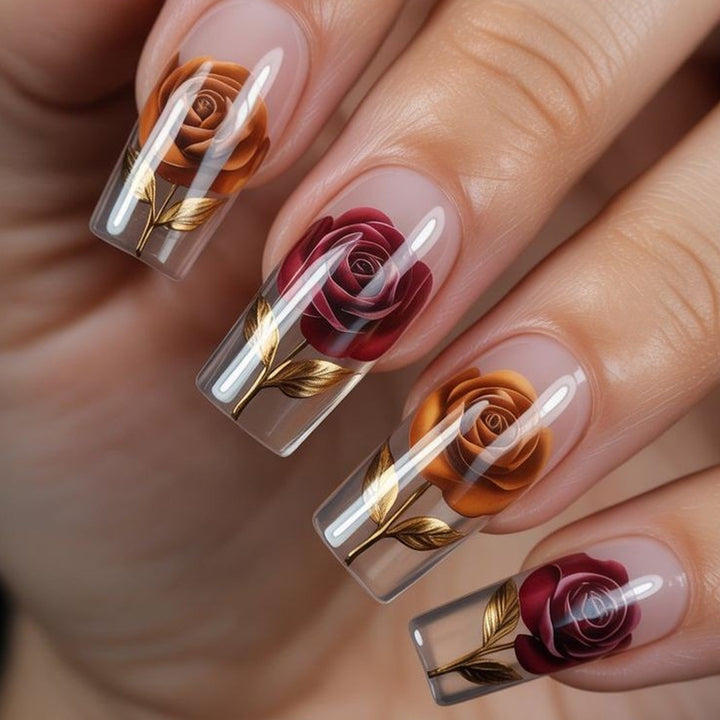 Elegant artificial nails with rose motifs Kalsten