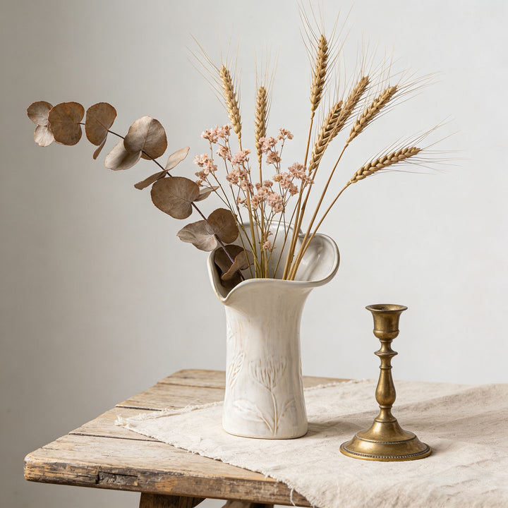 Sculptural Ceramic Asymmetrical Pleated Flower Vase with Pressed Wheat Motif