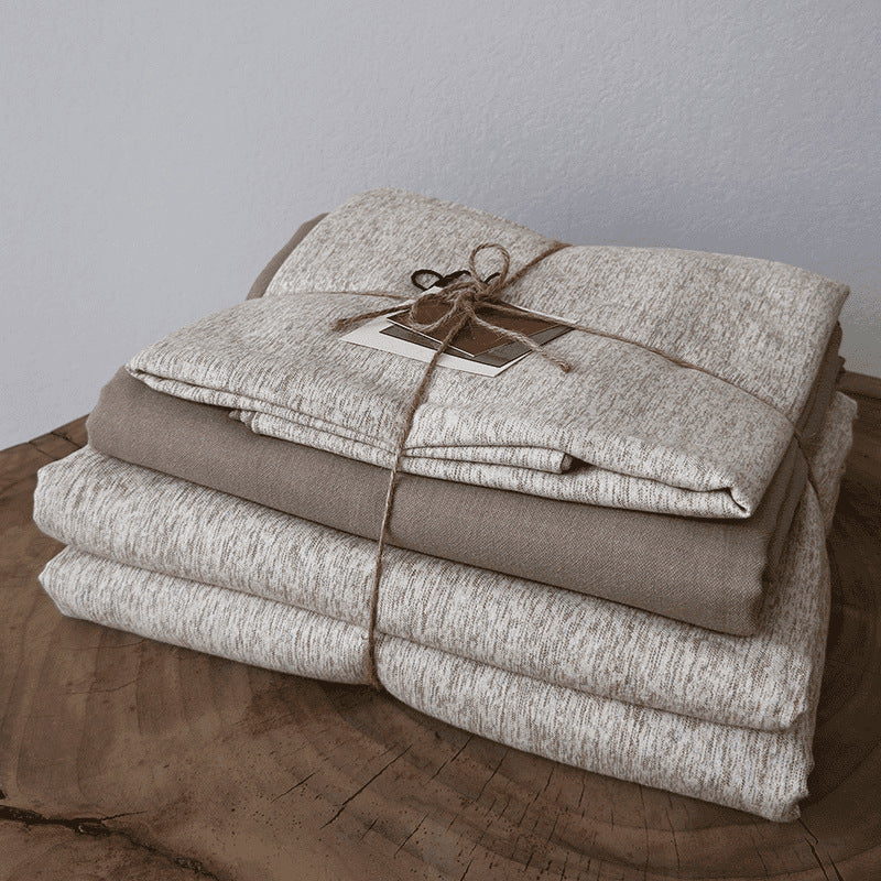 Three-piece cozy throw blanket and bedspread set made of cotton-linen mix