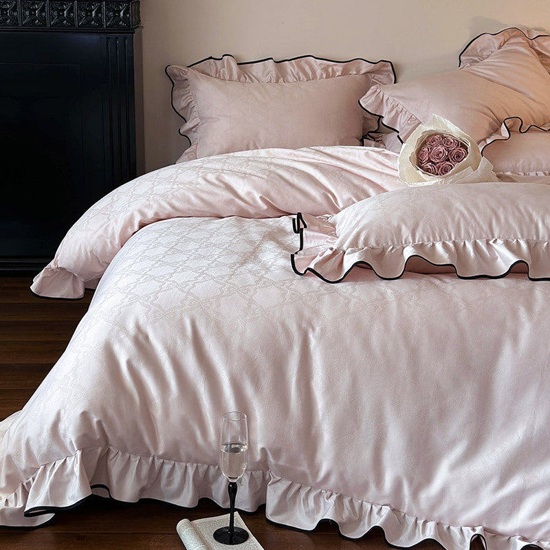 Luxurious cotton satin bedding set with ruffles and contrasting piping