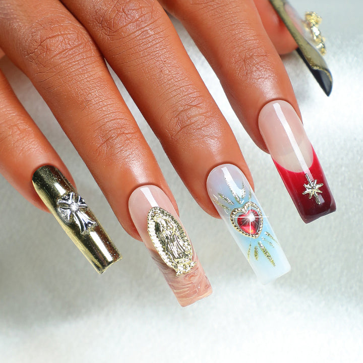 Artificial nail set with cherry motif and sparkling rhinestones Kalsten