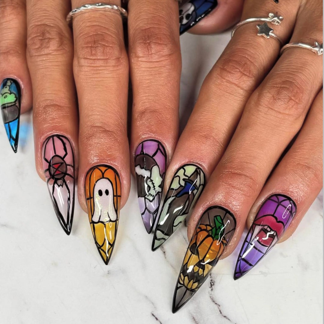 Artistic Halloween-Themed Stiletto Press-On Nails Kalsten