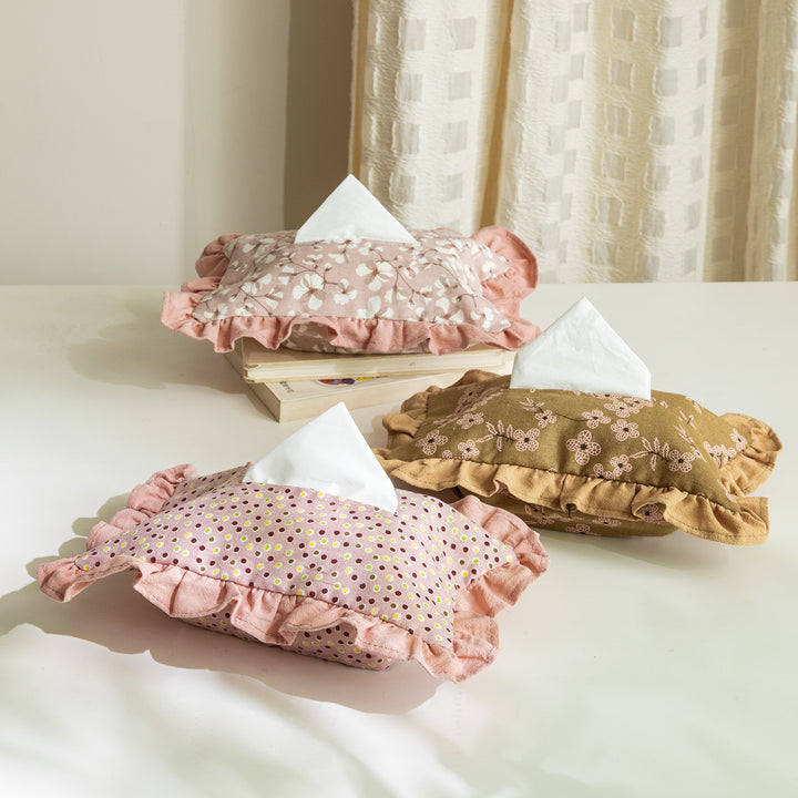 Romantic fabric tissue box cover with ruffles and floral print Kalsten