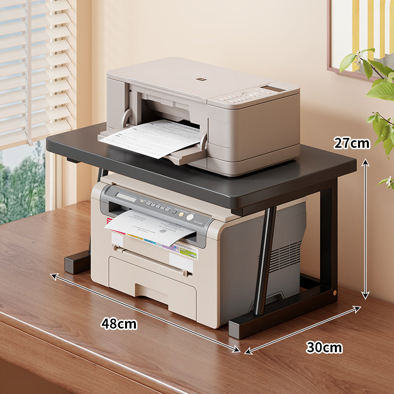 Adjustable Two-Tier Wood-Top Metal-Frame Desktop Printer Stand with Cable Management