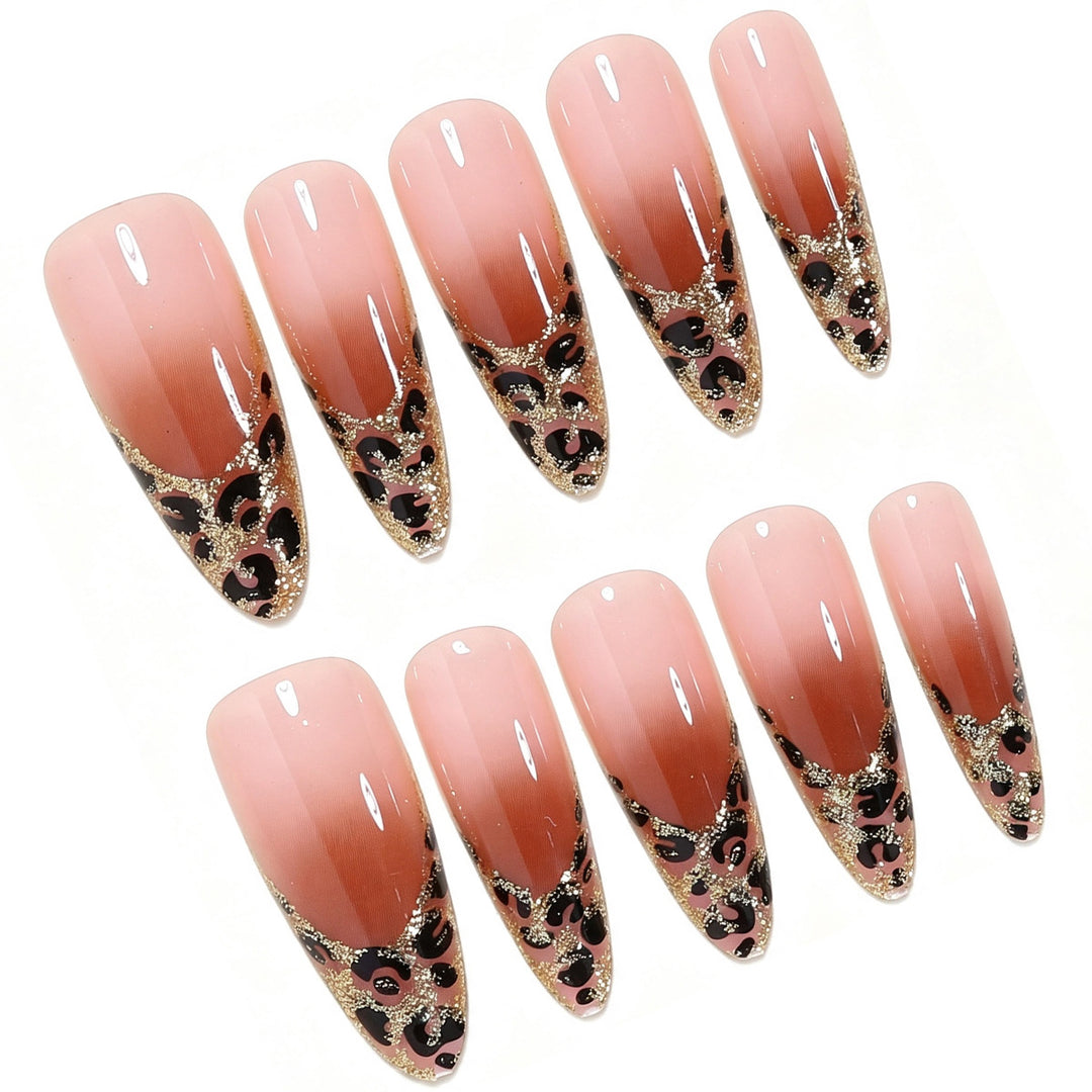 Elegant Stiletto Nail Art Set with Gold and Leopard Accents Kalsten
