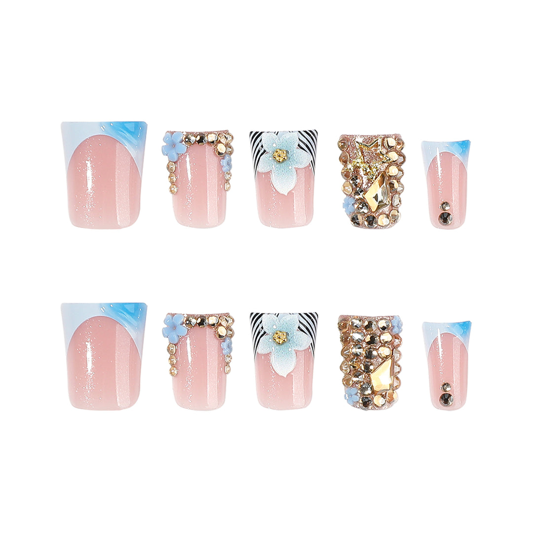 Artful Nail Extensions with Floral Design and Glitter Kalsten