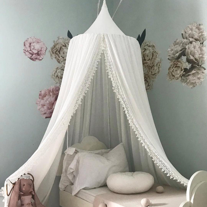 Decorative Ceiling-Mounted Play Canopy with Lace-Trim Sheer Drapes