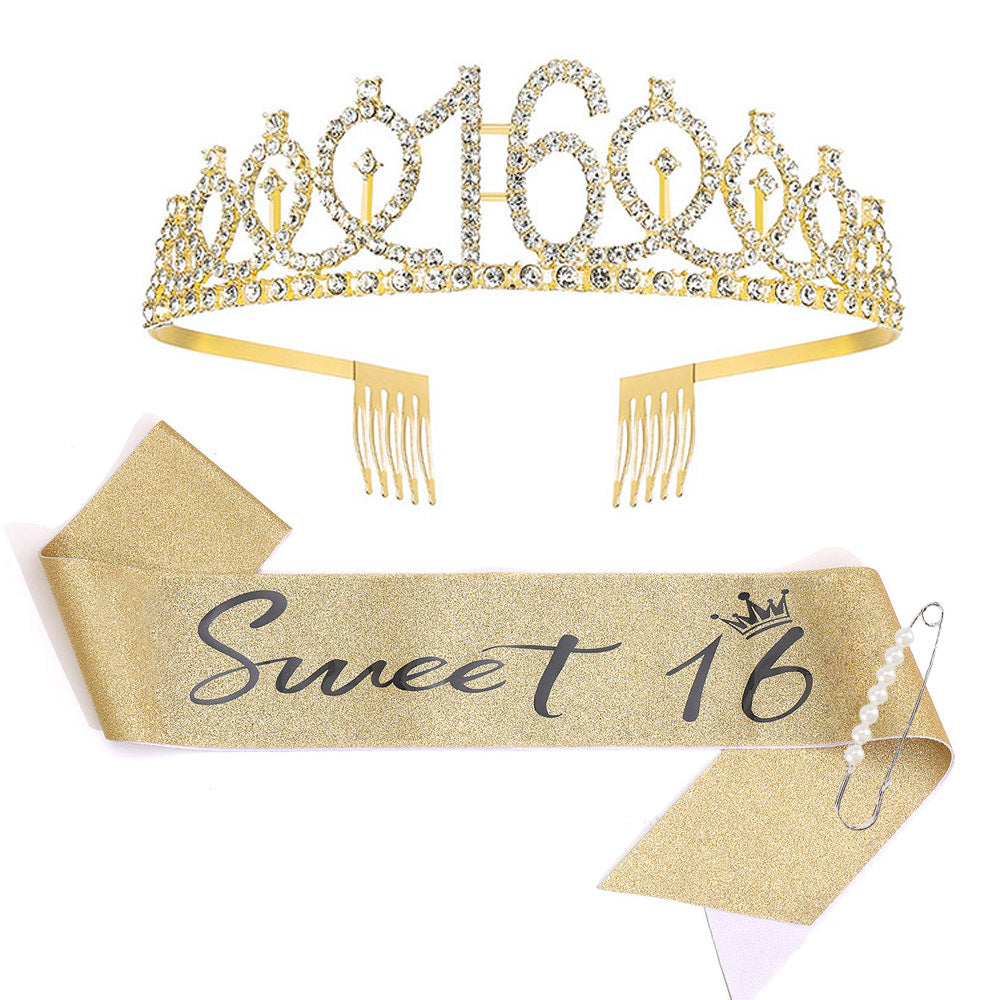 Women Crystal-Embellished Birthday Crown with Personalized Sash Kalsten