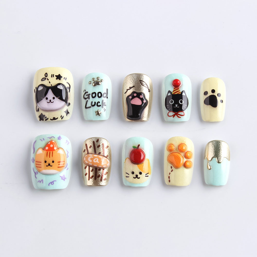 Whimsical Cat-Themed Press-On Nail Art Kalsten