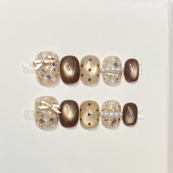Decorative Press-On Nail Set with Pearl and Bow Accents Kalsten