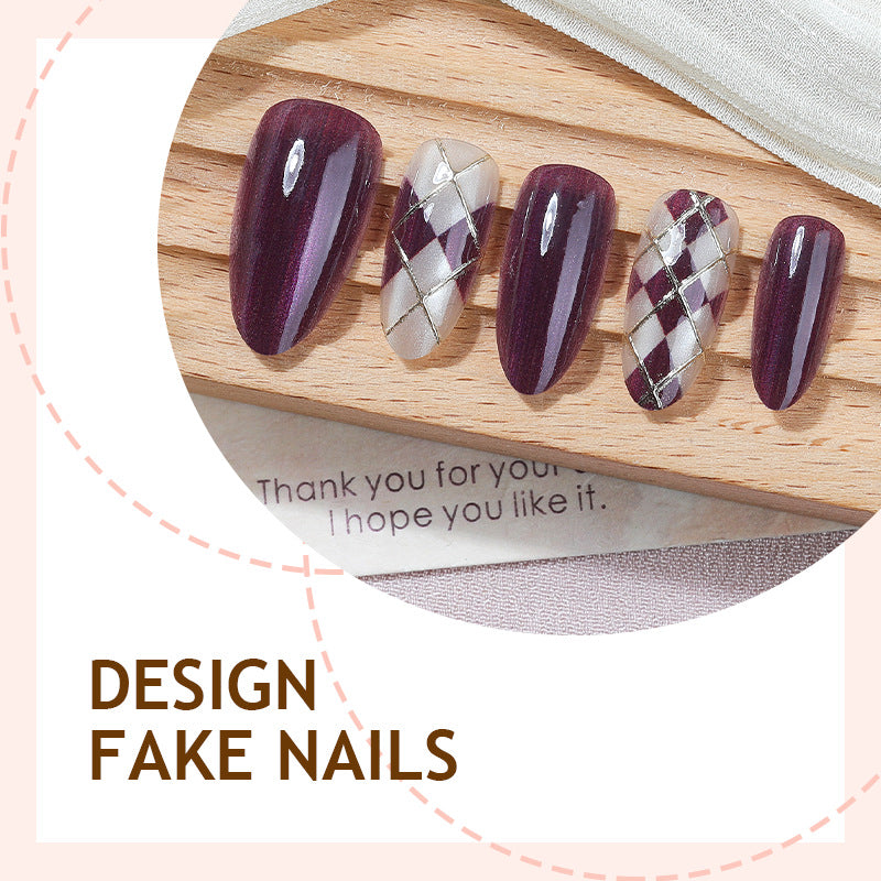 Artificial nail set with elegant checkered pattern and deep shine Kalsten