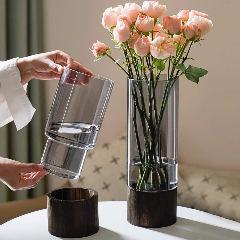 High-quality glass vase with wooden base Kalsten