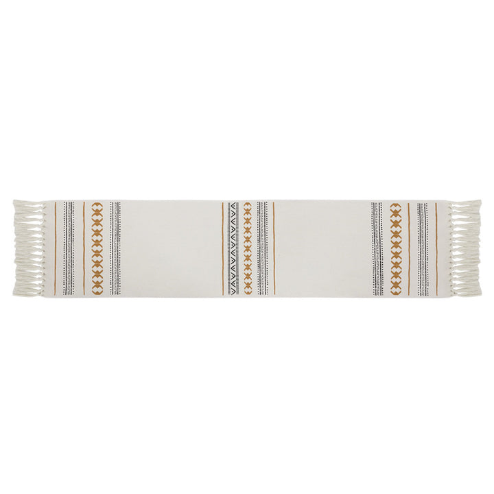 Woven Boho table runner made of cotton blend with decorative fringes and graphic stripe pattern Kalsten