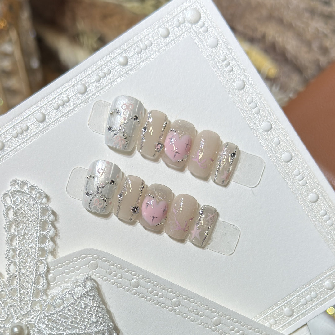 Decorative Press-On Nail Set with Heart and Silver Accents Kalsten