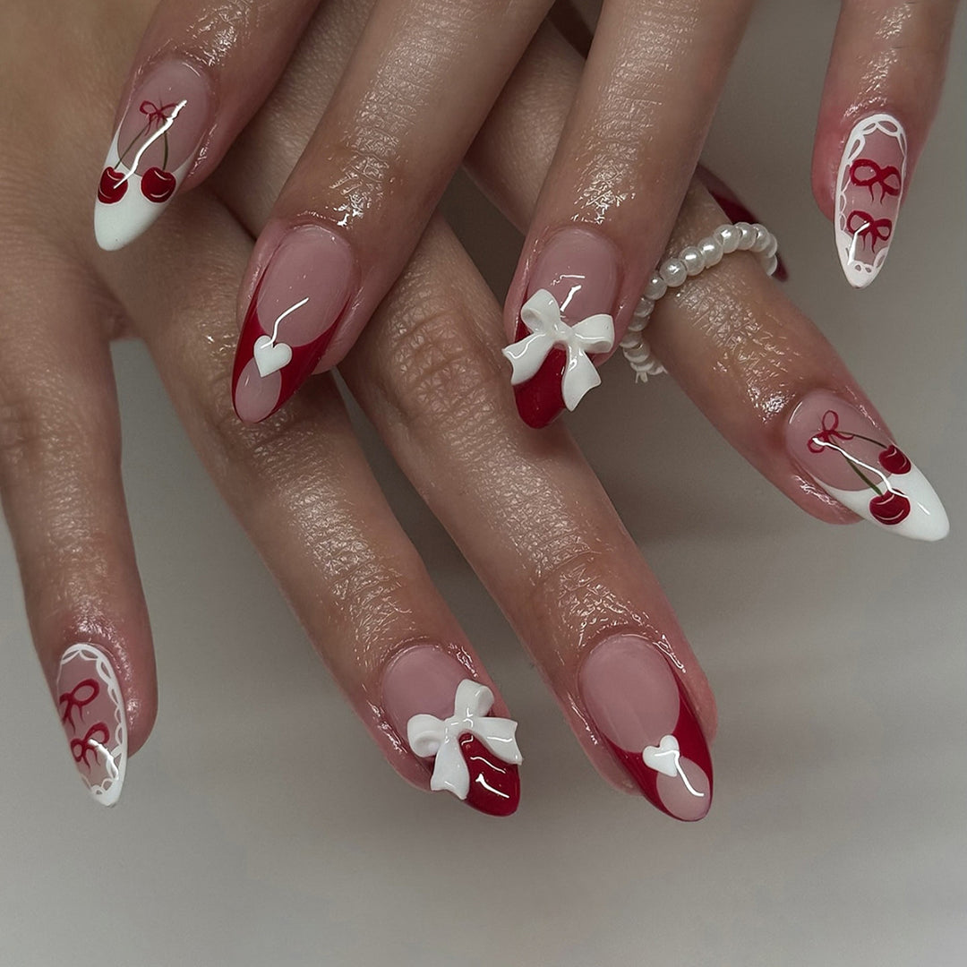 Decorative Press-On Nail Art Set with 3D Bow and Cherry Designs kalsten