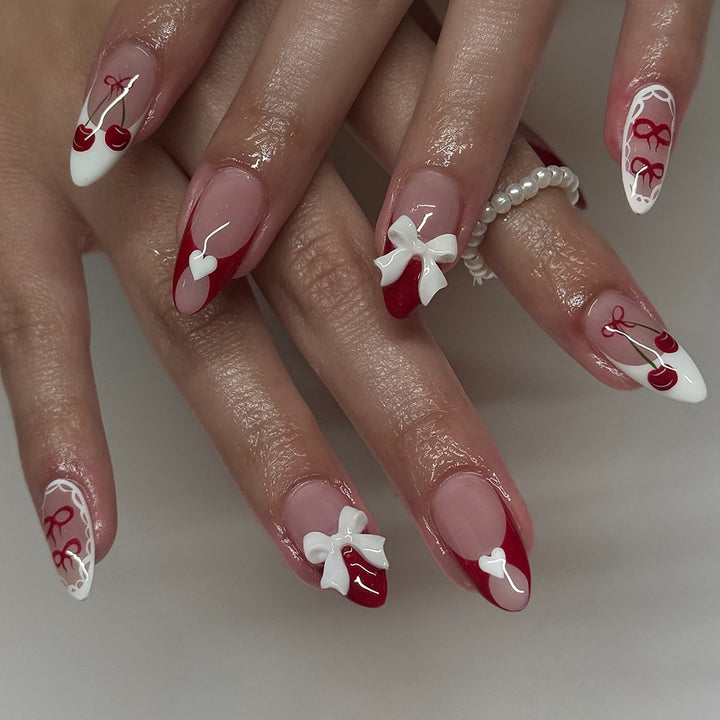 Decorative Press-On Nail Art Set with 3D Bow and Cherry Designs kalsten