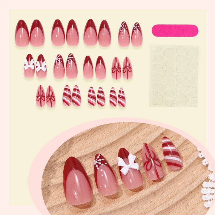 Decorative Press-On Nail Set with Elegant Bow and Striped Designs kalsten