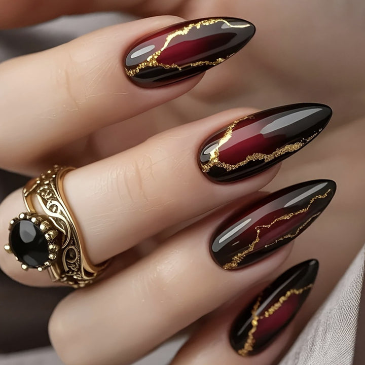 Glossy Stiletto Nail Art Extensions with Gold Accents Kalsten