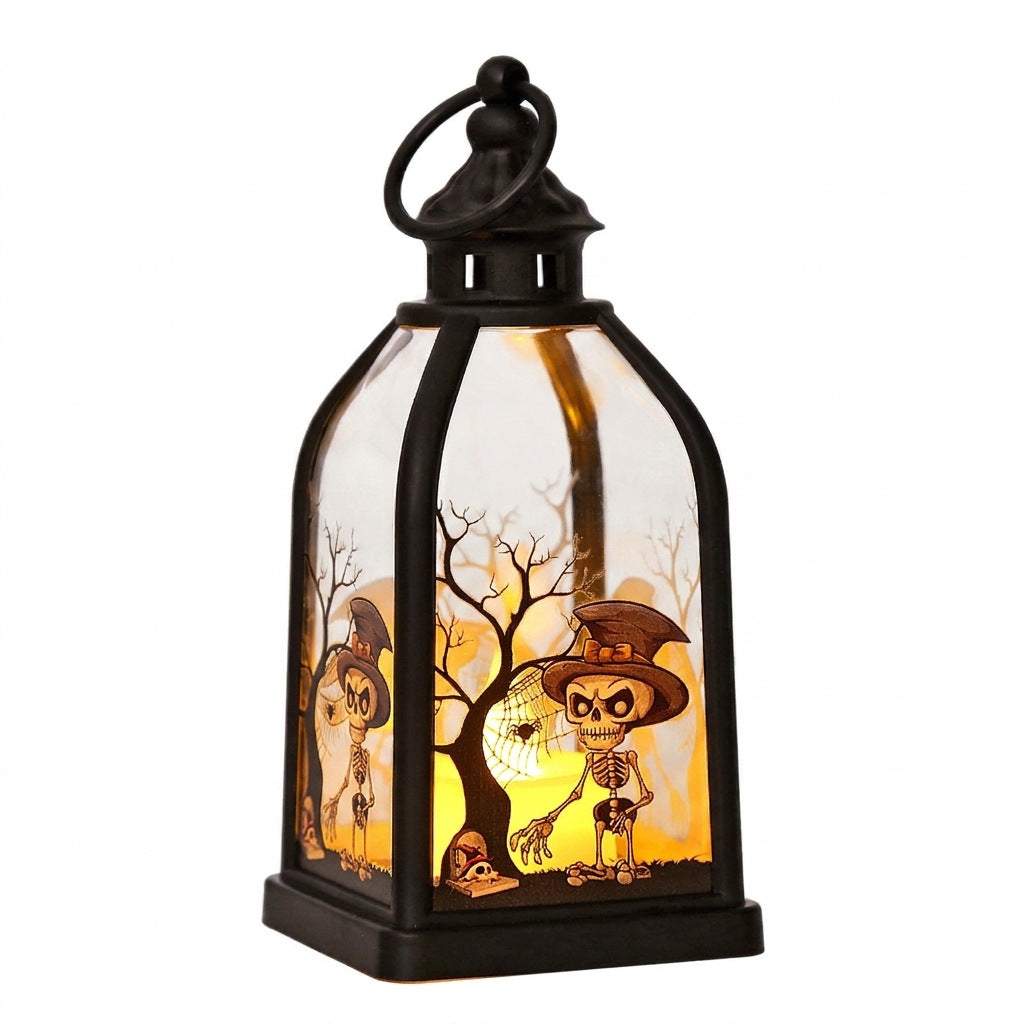 Halloween-Decorative lantern with LED imitation candle and skeleton glass inserts antique look