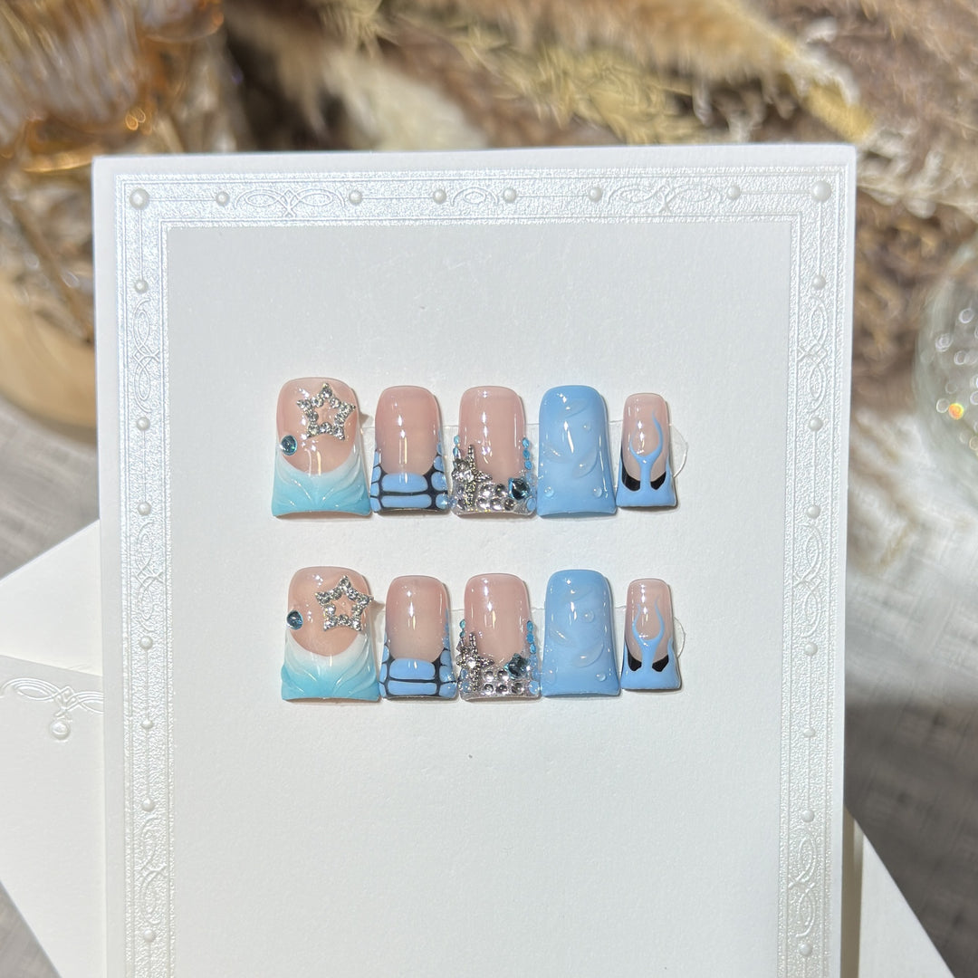 Decorative Press-On Nail Art Set with Ocean-Inspired Design Kalsten