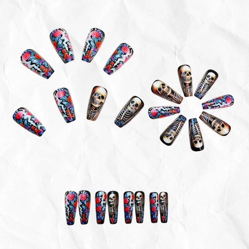 Creative artificial nails with skeleton and flower motifs Kalsten