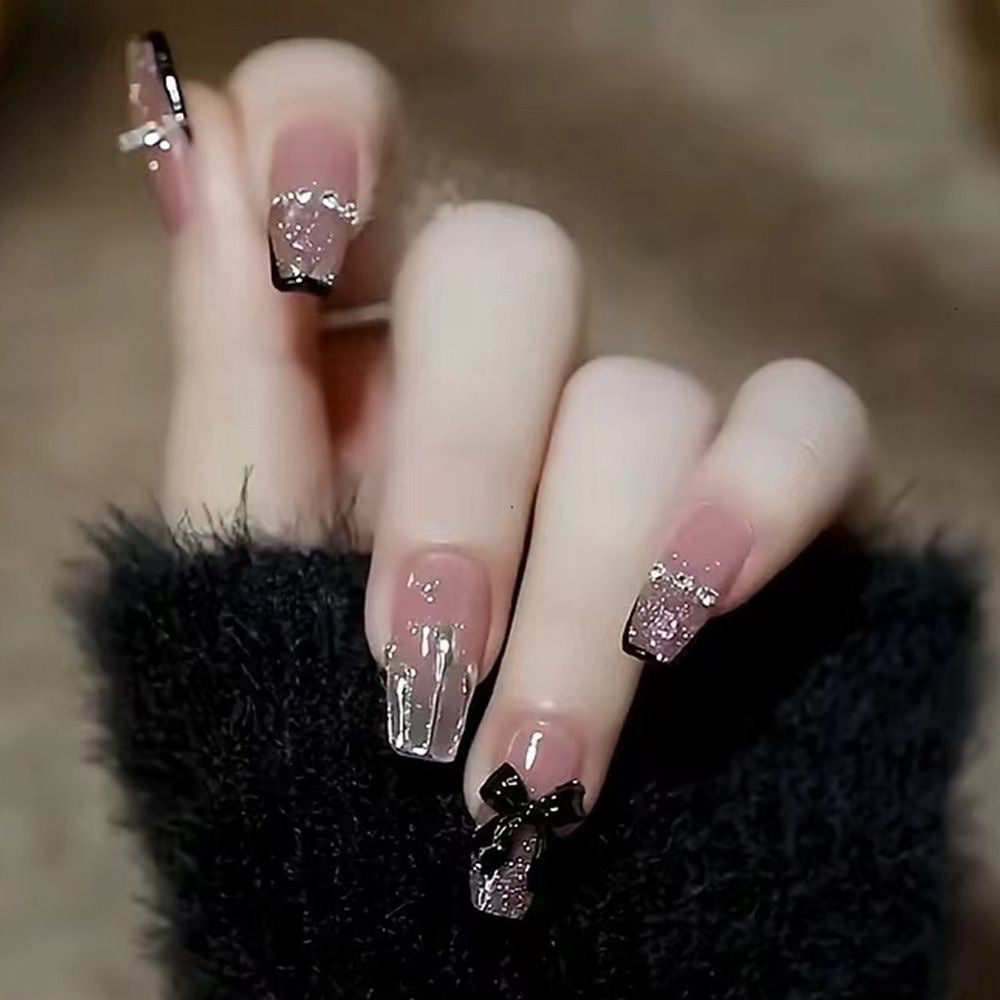 Artificial Nail Set with Glitter and Bow Motif Kalsten