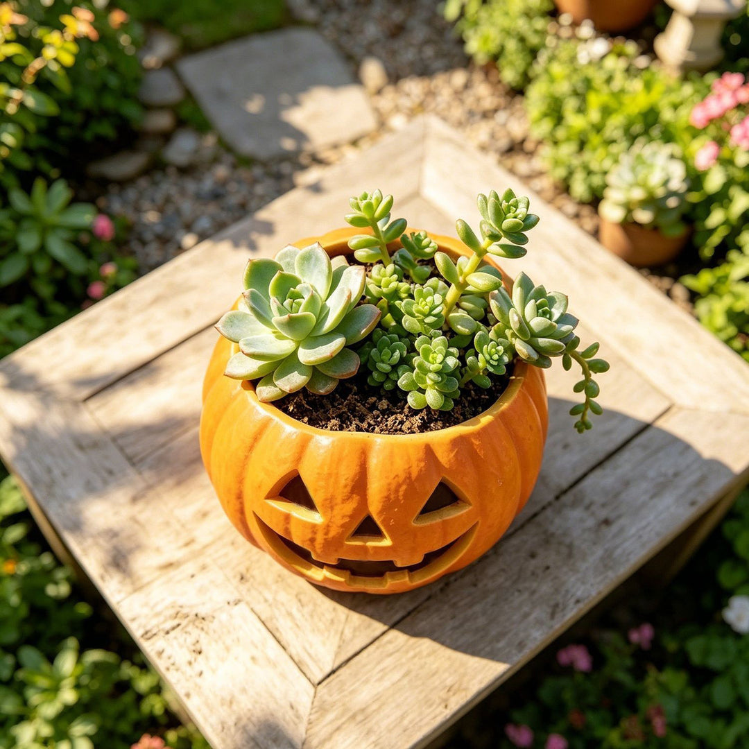 Ceramic pumpkin flower pot with carved pumpkin face and succulent insert