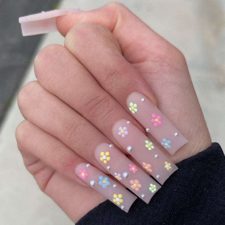 Decorative Floral Press-On Nail Art Set with 3D Flower Accents kalsten