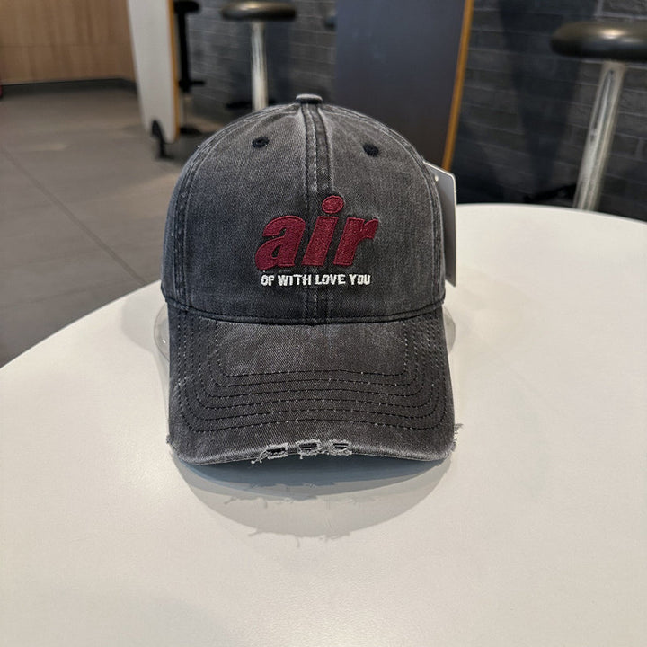 Distressed Denim Baseball Cap with Unique Embroidery