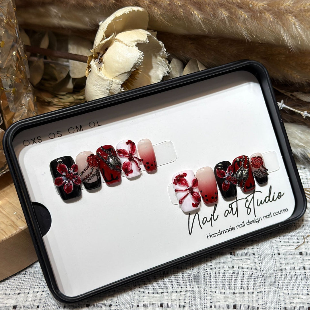Artistic Nail Decoration Press-On Set with Unique Floral and Gemstone Designs Kalsten
