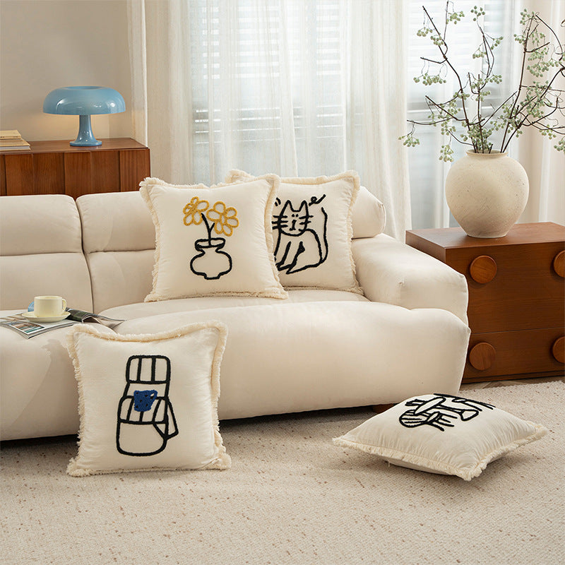 Woven decorative pillow cover with embroidered café motif and decorative fringe edge Kalsten