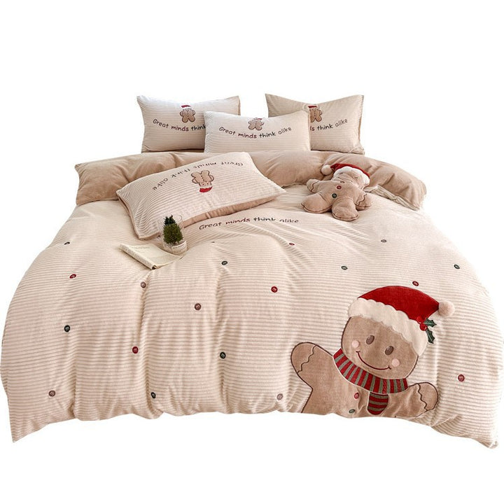 Cozy winter bedding set with embroidered gingerbread motif and velvety structure