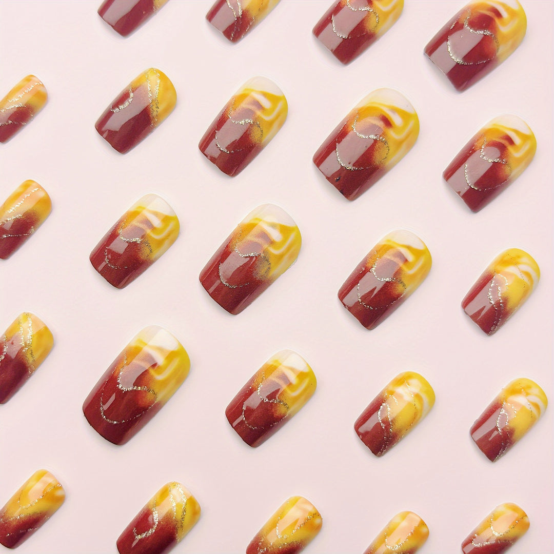 Artificial Nail Set with Marbled Design and Gold Accents Kalsten