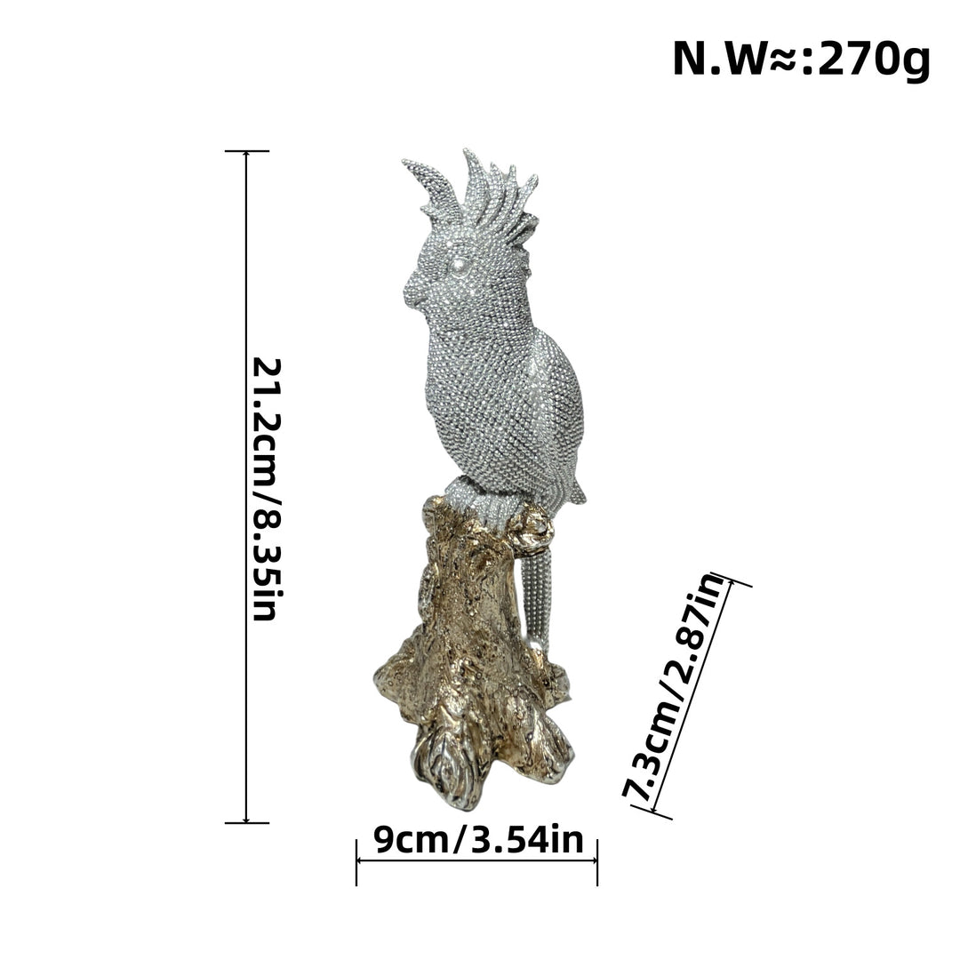 Shiny parrot figure on tree stump Kalsten