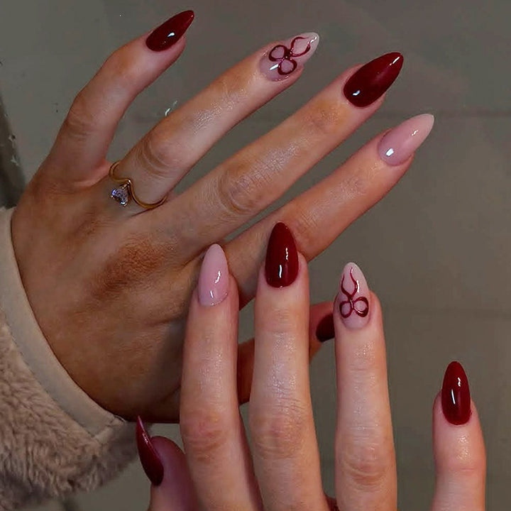 Artificial nail set with luxurious deep red and pale rose tones Kalsten