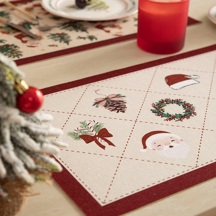 Rectangular table set made of cotton blend with hand-drawn carnival motif and wavy decorative border Kalsten