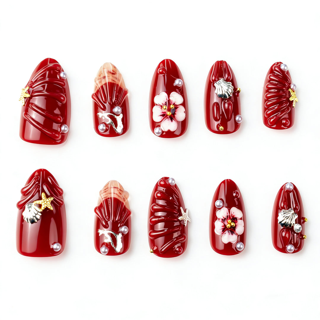 Artistic Press-On Nail Art Set with Floral and Shell Designs Kalsten