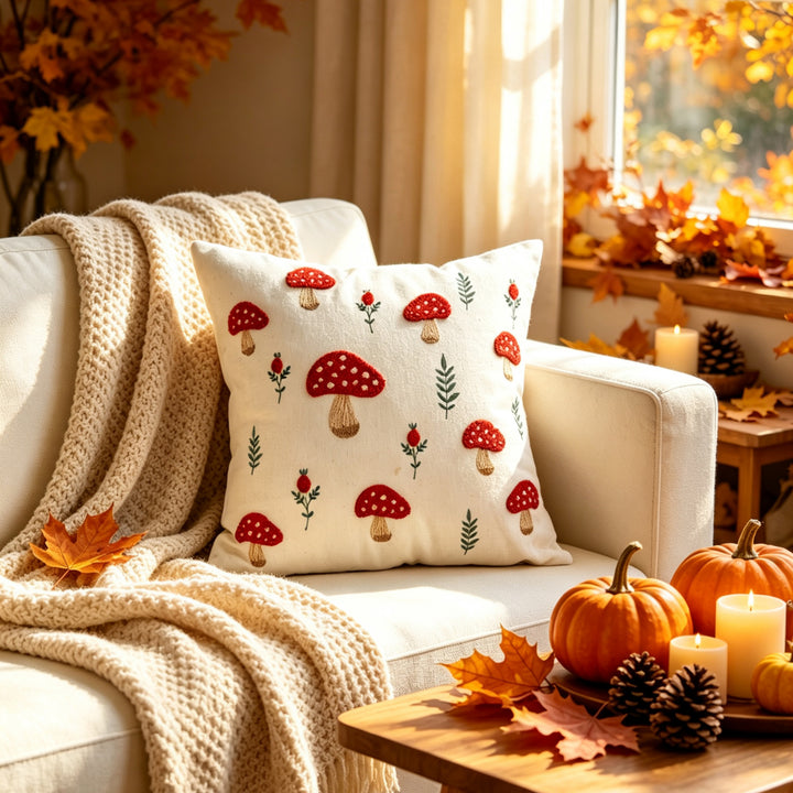 Embroidered Mushroom Linen Lumbar Throw Pillow Cover