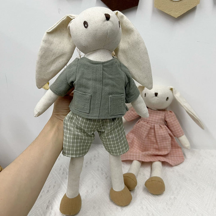 Handmade Organic Cotton Long-Leg Bunny Plush with Embroidered Overalls